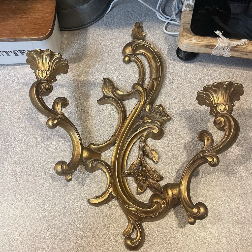 Vintage Hollywood Regency Gold 2 Arm Wall Candle Sconce Dart Ind. 3931